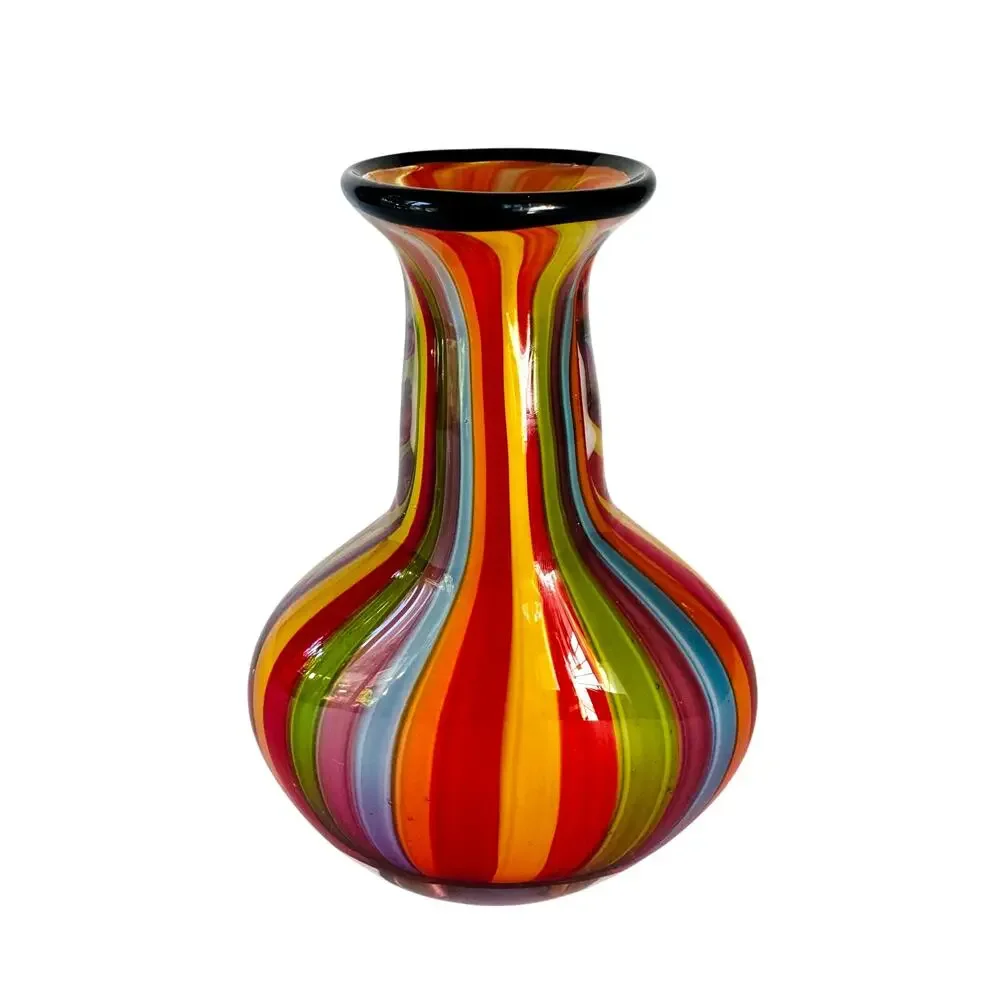 Badash Hand Blown Art Glass Rainbow Stripe Vase Black Rim 9